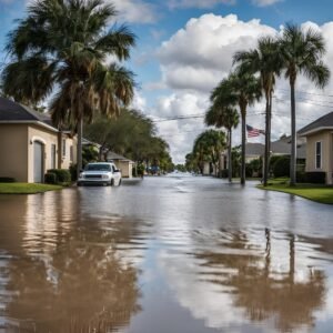 a flooded street with houses and cars
