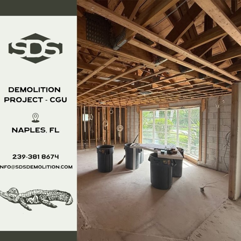 Complete gut in Naples, ceilings, interior walls, outside pavers, columns and concrete.